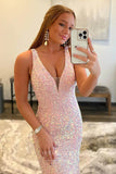 Prom Dress 2025 Pink Sequin Mermaid Prom Dresses Plunging V-Neck Evening Dresses 21587-unique elegant Prom Dresses-Blush-US2-vigocouture