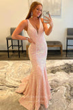 Pink Sequin Mermaid Prom Dresses Plunging V-Neck Evening Dresses 21587