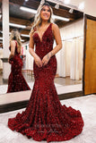 Prom Dress 2025 Pink Sequin Mermaid Prom Dresses Plunging V-Neck Evening Dresses 21587-unique elegant Prom Dresses-Burgundy-US2-vigocouture