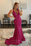 Prom Dress 2025 Pink Sequin Mermaid Prom Dresses Plunging V-Neck Evening Dresses 21587-unique elegant Prom Dresses-Magenta-US2-vigocouture