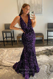 Prom Dress 2025 Pink Sequin Mermaid Prom Dresses Plunging V-Neck Evening Dresses 21587-unique elegant Prom Dresses-Purple-US2-vigocouture