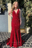 Prom Dress 2025 Pink Sequin Mermaid Prom Dresses Plunging V-Neck Evening Dresses 21587-unique elegant Prom Dresses-Red-US2-vigocouture