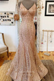 Pink Sequin Mermaid Prom Dresses Spaghetti Strap Evening Dress 21958