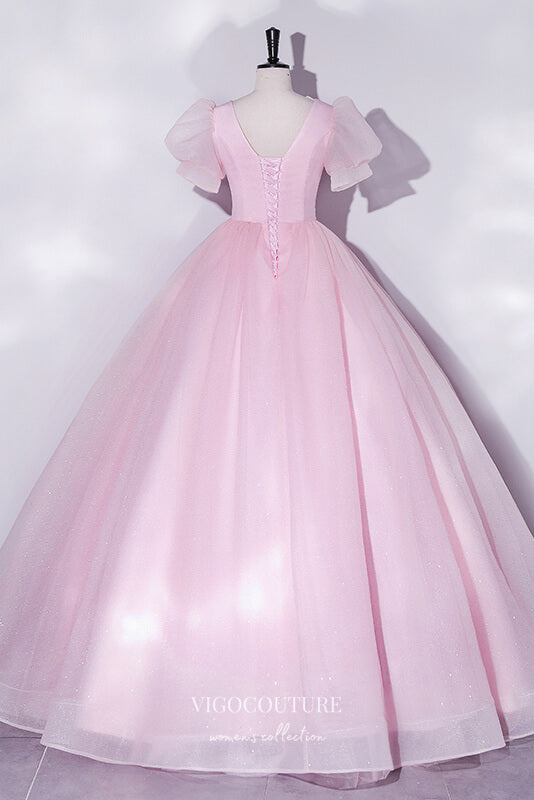 Prom Dress 2025 Pink Shimmering Sparkly Tulle Prom Dress with Puffed Sleeve 22335-unique elegant Prom Dresses-Pink-Custom Size-vigocouture