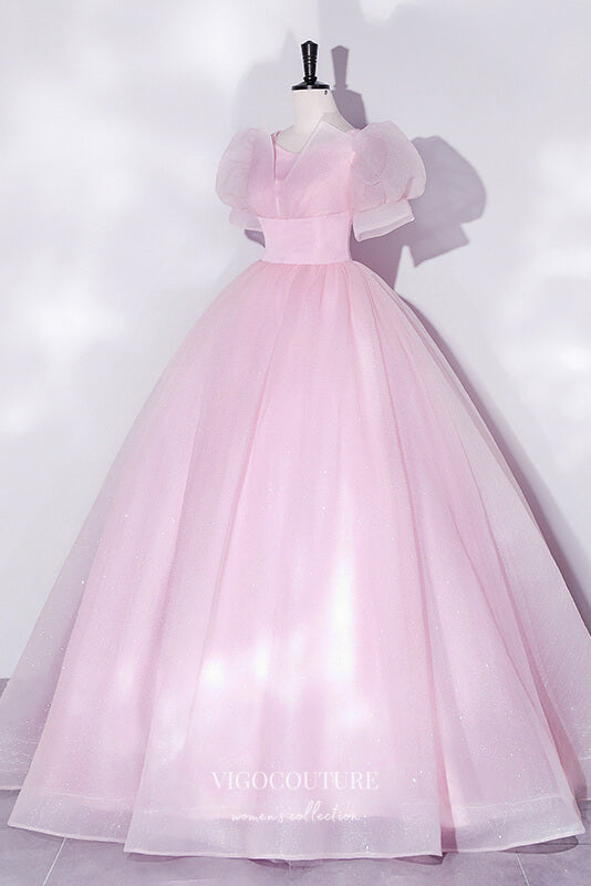 pink sparkly tulle dress Rose Pink Sparkly Tulle Appliqued Bodice Illusion Neckline Ball Gown Prom Dresses ARD2504
