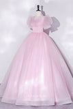 Prom Dress 2025 Pink Shimmering Sparkly Tulle Prom Dress with Puffed Sleeve 22335-unique elegant Prom Dresses-Pink-Custom Size-vigocouture