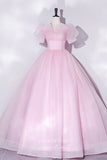 Prom Dress 2025 Pink Shimmering Sparkly Tulle Prom Dress with Puffed Sleeve 22335-unique elegant Prom Dresses-Pink-Custom Size-vigocouture