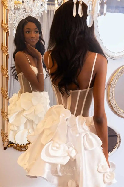 Prom Dresses 2025 to impress Pink Spaghetti Strap Homecoming Dress with Sheer Corset Bodice and 3D Satin Floral Skirt – HC502-vigocouture-vigocouture