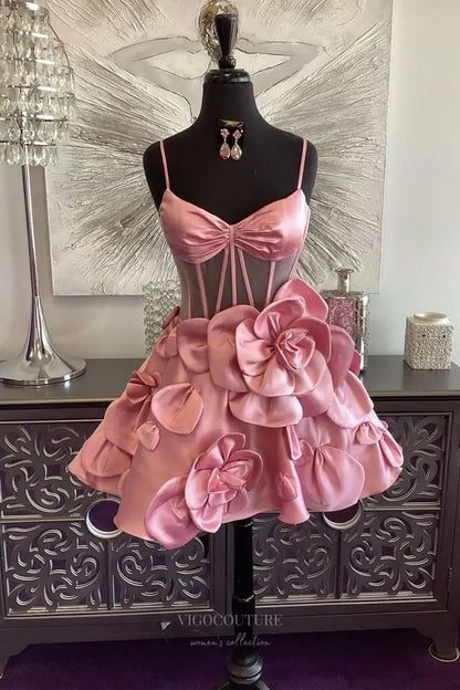 Prom Dresses 2025 to impress Pink Spaghetti Strap Homecoming Dress with Sheer Corset Bodice and 3D Satin Floral Skirt – HC502-vigocouture-vigocouture