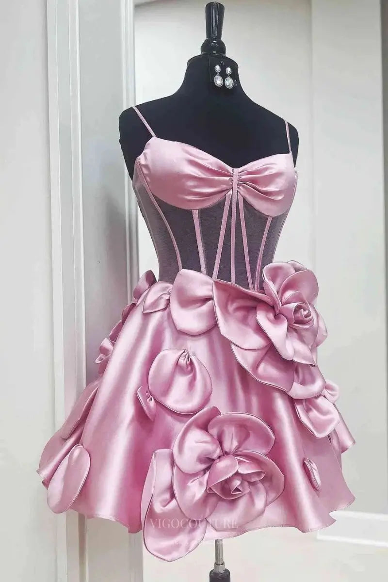 Prom Dresses 2025 to impress Pink Spaghetti Strap Homecoming Dress with Sheer Corset Bodice and 3D Satin Floral Skirt – HC502-vigocouture-vigocouture