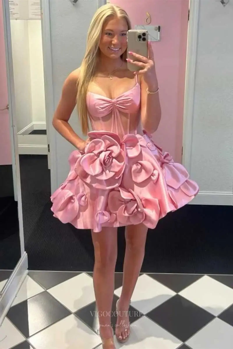 Prom Dresses 2025 to impress Pink Spaghetti Strap Homecoming Dress with Sheer Corset Bodice and 3D Satin Floral Skirt – HC502-vigocouture-vigocouture