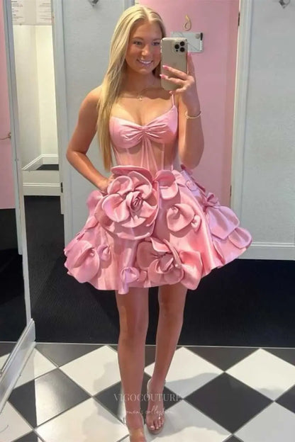 Prom Dresses 2025 to impress Pink Spaghetti Strap Homecoming Dress with Sheer Corset Bodice and 3D Satin Floral Skirt – HC502-vigocouture-vigocouture