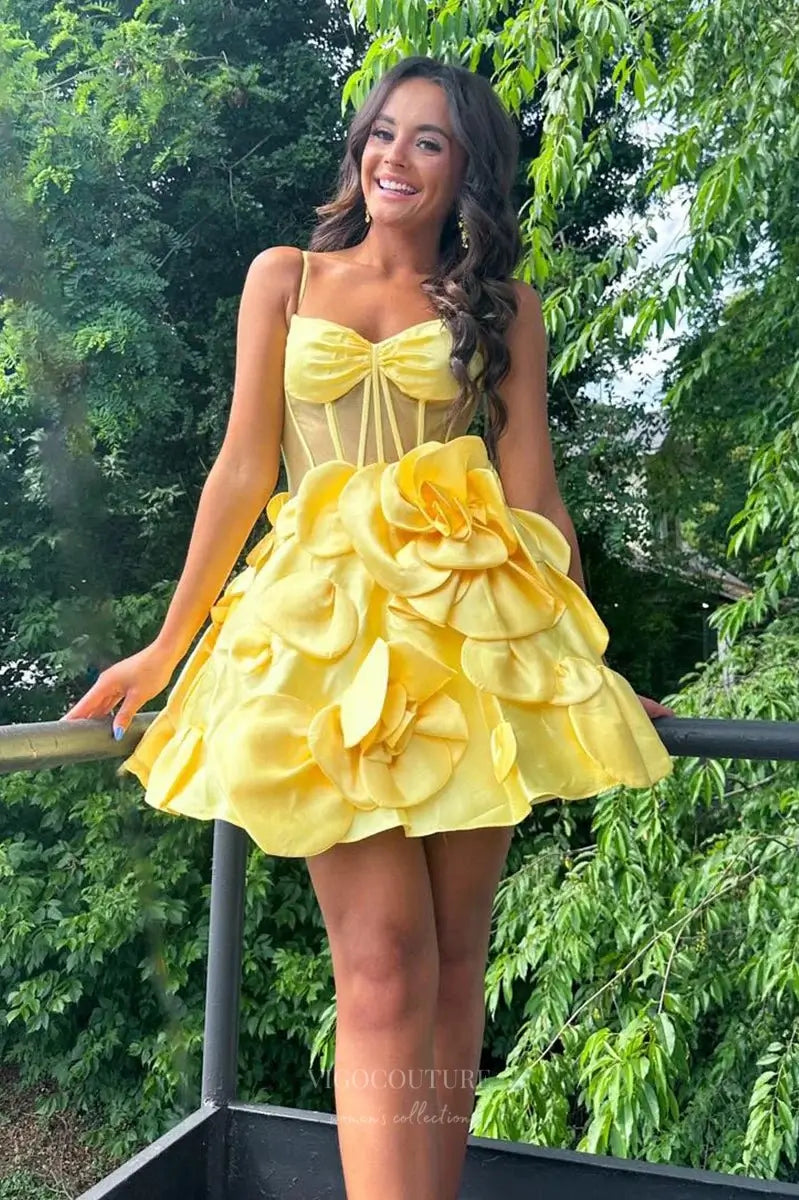 Prom Dresses 2025 to impress Pink Spaghetti Strap Homecoming Dress with Sheer Corset Bodice and 3D Satin Floral Skirt – HC502-vigocouture-vigocouture