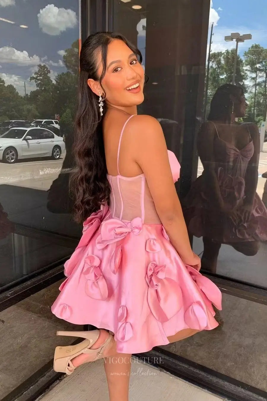 Prom Dresses 2025 to impress Pink Spaghetti Strap Homecoming Dress with Sheer Corset Bodice and 3D Satin Floral Skirt – HC502-vigocouture-vigocouture
