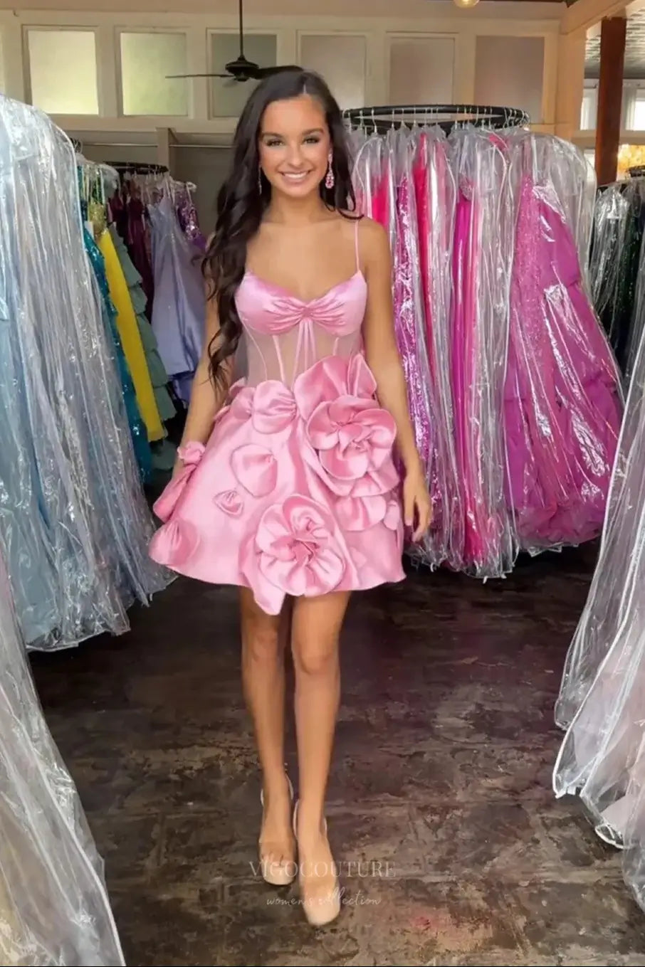Prom Dresses 2025 to impress Pink Spaghetti Strap Homecoming Dress with Sheer Corset Bodice and 3D Satin Floral Skirt – HC502-vigocouture-vigocouture