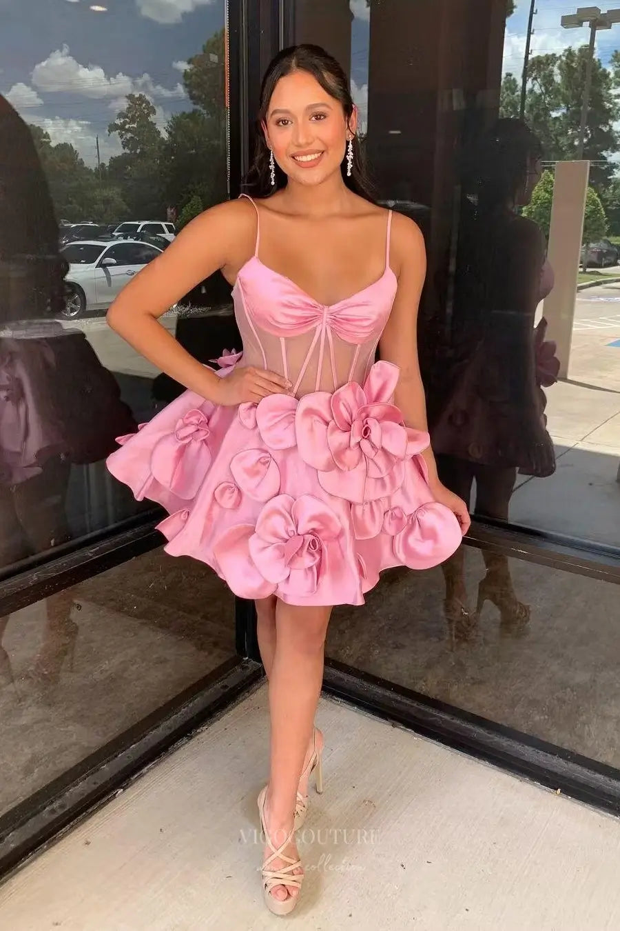 Pink Spaghetti Strap Homecoming Dress with Sheer Corset Bodice and 3D Satin Floral Skirt – HC502