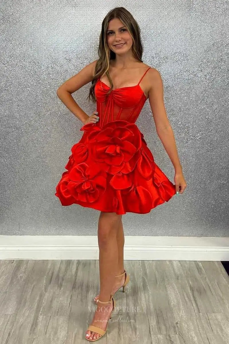 Prom Dresses 2025 to impress Pink Spaghetti Strap Homecoming Dress with Sheer Corset Bodice and 3D Satin Floral Skirt – HC502-vigocouture-Red-Custom Size-vigocouture
