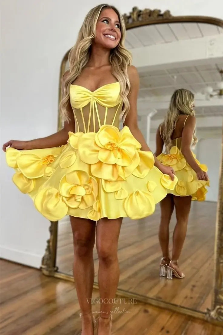 Prom Dresses 2025 to impress Pink Spaghetti Strap Homecoming Dress with Sheer Corset Bodice and 3D Satin Floral Skirt – HC502-vigocouture-Yellow-Custom Size-vigocouture