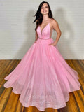 Prom Dress 2025 Pink Spaghetti Strap Prom Dresses Sparkly Tulle Evening Dress 21757-unique elegant Prom Dresses-Pink-US2-vigocouture