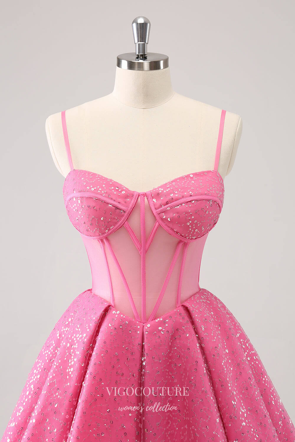Pink Spaghetti Strap Sheer Homecoming Dresses Sparkly Tulle Graduation vigocouture Pink Spaghetti Strap Sheer Homecoming Dresses Sparkly Tulle Graduation vigocouture