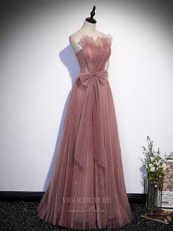 Prom Dress 2025 Pink Sparkly Lace Strapless Prom Dress 20878-unique elegant Prom Dresses-Pink-Custom Size-vigocouture