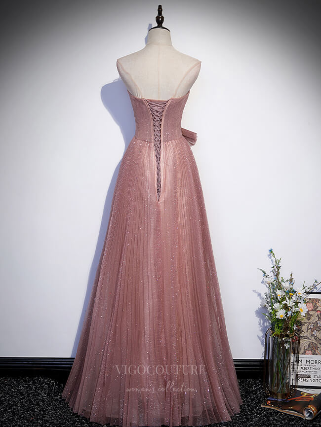 Prom Dress 2025 Pink Sparkly Lace Strapless Prom Dress 20878-unique elegant Prom Dresses-Pink-Custom Size-vigocouture