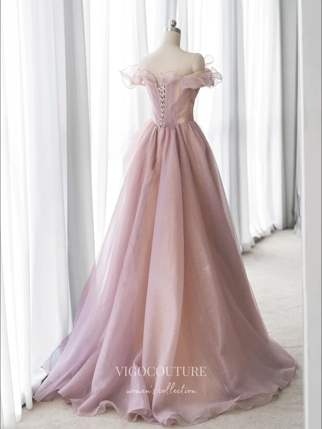 Prom Dress 2025 Pink Sparkly Tulle Prom Dresses Off the Shoulder Ruffled Formal Gown 22060-unique elegant Prom Dresses-Pink-US2-vigocouture