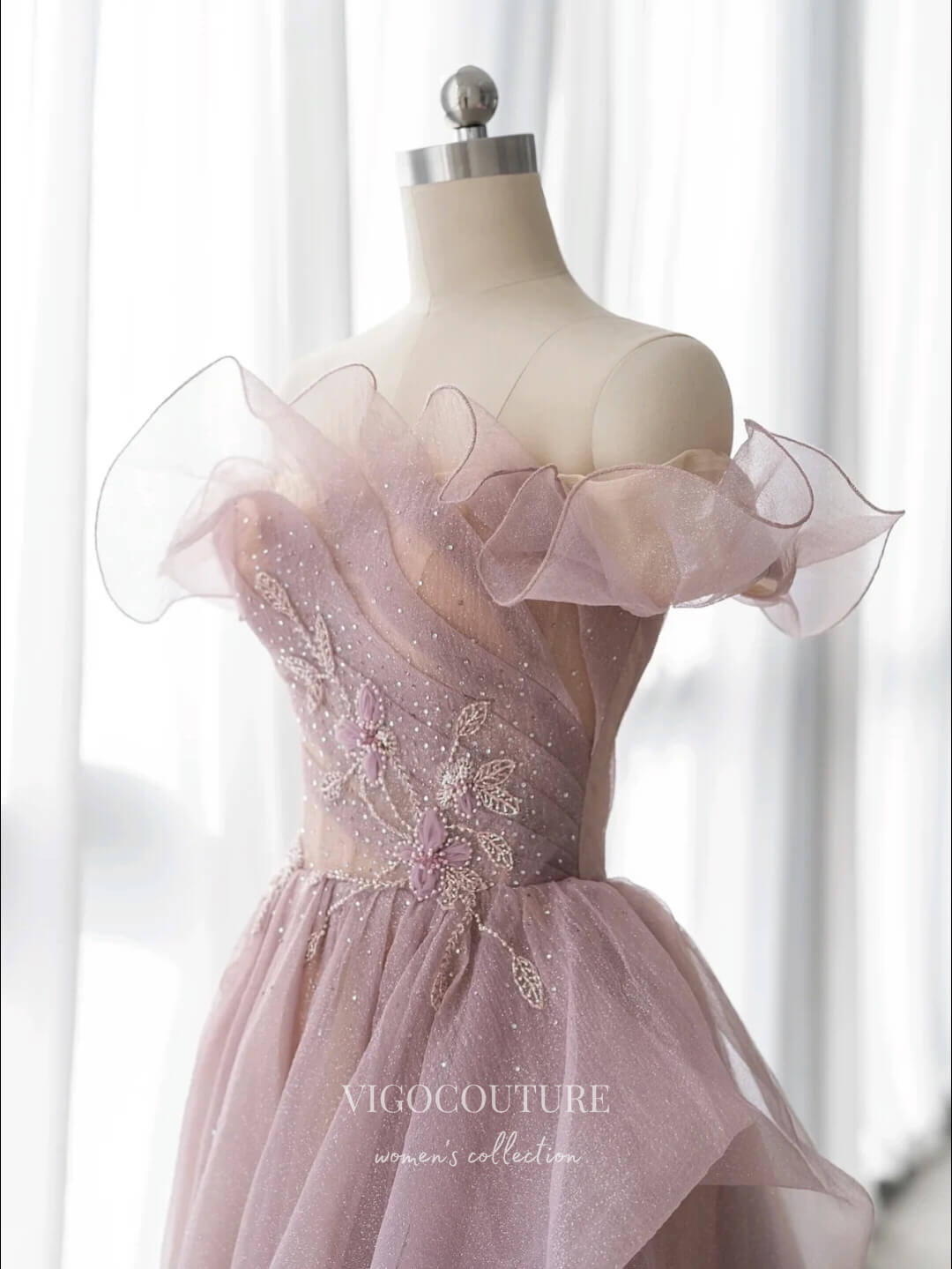 Prom Dress 2025 Pink Sparkly Tulle Prom Dresses Off the Shoulder Ruffled Formal Gown 22060-unique elegant Prom Dresses-Pink-US2-vigocouture