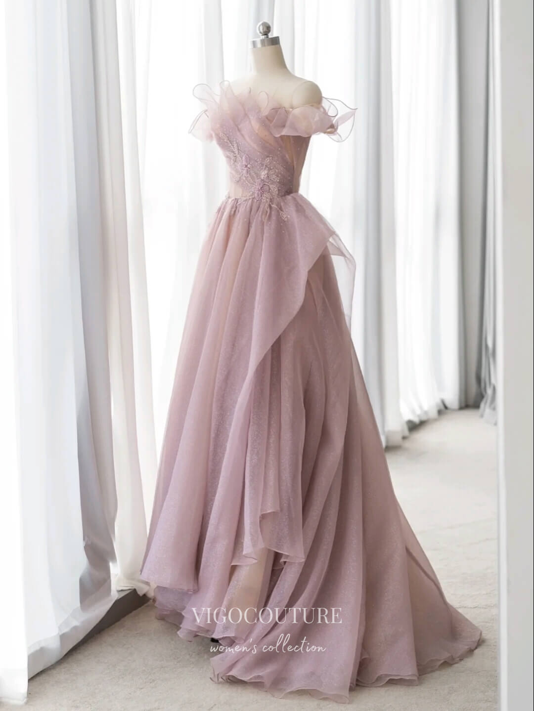 Prom Dress 2025 Pink Sparkly Tulle Prom Dresses Off the Shoulder Ruffled Formal Gown 22060-unique elegant Prom Dresses-Pink-US2-vigocouture