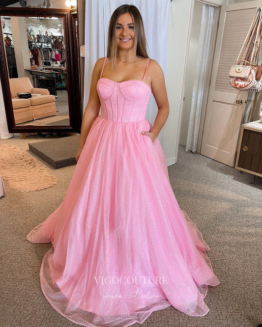 Prom Dress 2025 Pink Sparkly Tulle Prom Dresses Spaghetti Strap Evening Dress 22172-unique elegant Prom Dresses-Pink-US2-vigocouture