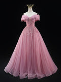 Pink Sparkly Tulle Prom Dresses with Beaded Lace, Off the Shoulder Quinceanera Dresses SU031