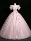 Pink Sparkly Tulle Prom Dresses with Puffed Sleeve, Floral Bodice, Quinceanera Dresses BG047