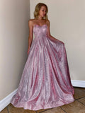 Pink Sparkly Woven Strapless Prom Dress 20941