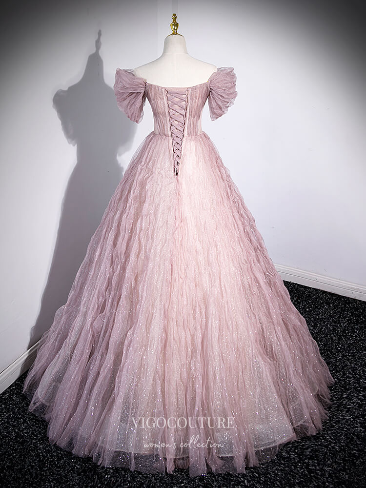 Prom Dress 2025 Pink Sparkly Wrinkled Tulle Prom Dresses Floral Off the Shoulder Puffed Sleeve 24409-unique elegant Prom Dresses-Pink-Custom Size-vigocouture