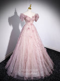 Prom Dress 2025 Pink Sparkly Wrinkled Tulle Prom Dresses Floral Off the Shoulder Puffed Sleeve 24409-unique elegant Prom Dresses-Pink-Custom Size-vigocouture