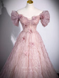 Prom Dress 2025 Pink Sparkly Wrinkled Tulle Prom Dresses Floral Off the Shoulder Puffed Sleeve 24409-unique elegant Prom Dresses-Pink-Custom Size-vigocouture