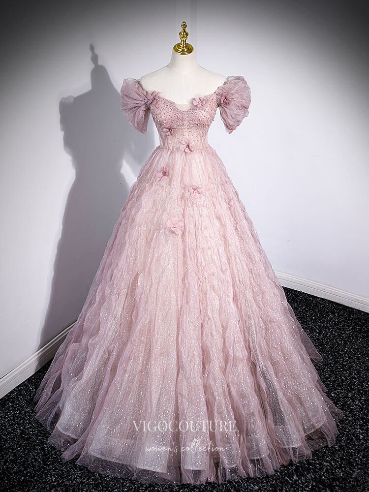 Prom Dress 2025 Pink Sparkly Wrinkled Tulle Prom Dresses Floral Off the Shoulder Puffed Sleeve 24409-unique elegant Prom Dresses-Pink-Custom Size-vigocouture