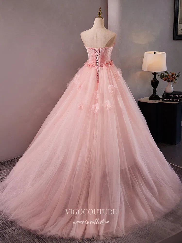 Prom Dress 2025 Pink Strapless Floral Quinceanera Dresses 3D Flower Tulle Prom Ball Gown 25051-unique elegant Prom Dresses-Pink-Custom Size-vigocouture