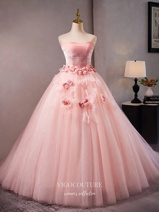 Prom Dress 2025 Pink Strapless Floral Quinceanera Dresses 3D Flower Tulle Prom Ball Gown 25051-unique elegant Prom Dresses-Pink-Custom Size-vigocouture