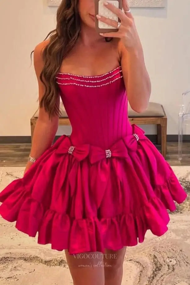 Prom Dresses 2025 to impress Pink Strapless Homecoming Dress with Sweetheart Neckline, Corset Bodice, Satin Bows & Ruffle Hem – HC499-vigocouture-vigocouture