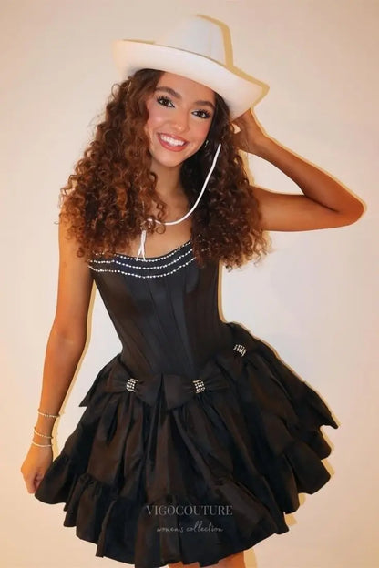 Prom Dresses 2025 to impress Pink Strapless Homecoming Dress with Sweetheart Neckline, Corset Bodice, Satin Bows & Ruffle Hem – HC499-vigocouture-vigocouture