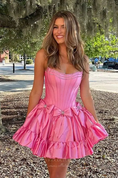 Pink Strapless Homecoming Dress with Sweetheart Neckline, Corset Bodice, Satin Bows & Ruffle Hem – HC499