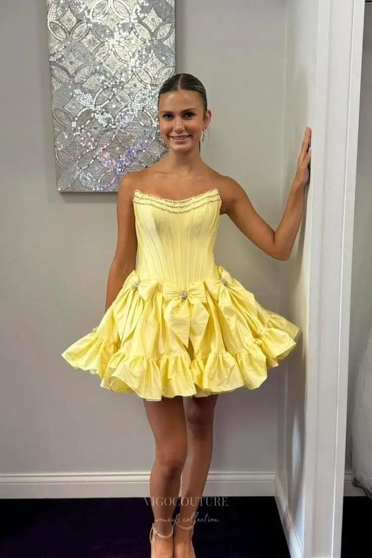 Prom Dresses 2025 to impress Pink Strapless Homecoming Dress with Sweetheart Neckline, Corset Bodice, Satin Bows & Ruffle Hem – HC499-vigocouture-Yellow-Custom Size-vigocouture