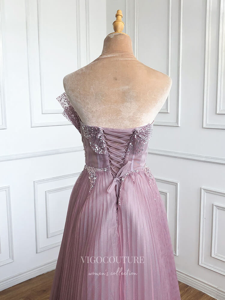 Prom Dress 2025 Pink Strapless Prom Dresses Pleated Tulle Evening Dress 22111-unique elegant Prom Dresses-Pink-US2-vigocouture