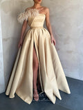 Prom Dress 2025 Pink Strapless Prom Dresses With Slit Satin Feather Evening Dress 21809-unique elegant Prom Dresses-Champagne-US2-vigocouture