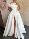 Prom Dress 2025 Pink Strapless Prom Dresses With Slit Satin Feather Evening Dress 21809-unique elegant Prom Dresses-Ivory-US2-vigocouture