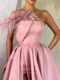 Prom Dress 2025 Pink Strapless Prom Dresses With Slit Satin Feather Evening Dress 21809-unique elegant Prom Dresses-Pink-US2-vigocouture