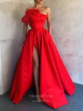 Prom Dress 2025 Pink Strapless Prom Dresses With Slit Satin Feather Evening Dress 21809-unique elegant Prom Dresses-Red-US2-vigocouture