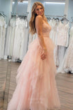 Prom Dress 2025 Pink Strapless Ruffled Prom Dresses Sheer Boned Bodice Sparkly Tulle 24361-unique elegant Prom Dresses-Pink-Custom Size-vigocouture