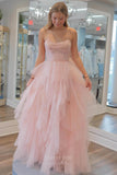 Prom Dress 2025 Pink Strapless Ruffled Prom Dresses Sheer Boned Bodice Sparkly Tulle 24361-unique elegant Prom Dresses-Pink-Custom Size-vigocouture